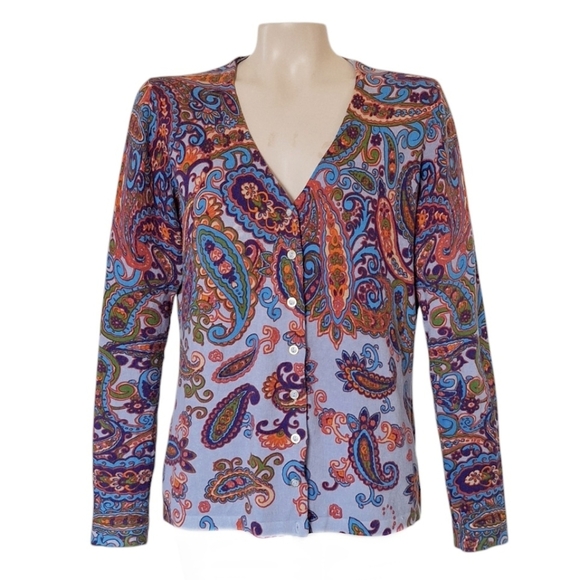 Isaac Mizrahi Colorful Cotton Blend Paisley Cardigan Sweater Boho Oversized - Picture 1 of 7